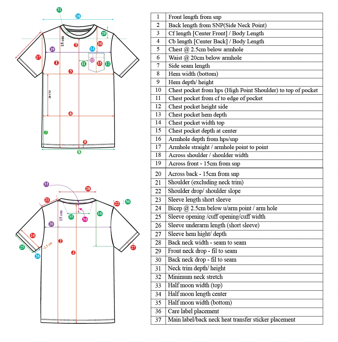 T-shirt measurement diagram with sizing points